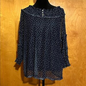 bobeau Large Navy Polka Dot Ruffled Collar Blouse